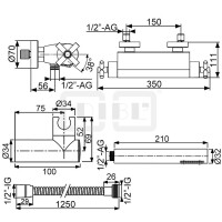 DIBLextra Thermostat-Wannenbatterie zur Aufputzmontage, mit Cascaden-Schwallauslauf, Stabhandbrause,Wandbrausehalter und Metallbrauseschlauch 1250 mm