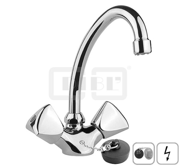DIBLclassic Zweigriff-Waschtischbatterie mit hohem, schwenkbarem Rohrauslauf, mit Zugstangenbohrung, versenkbarer Kugelkette, Niederdruckausführung für drucklose Elektro-Untertischspeicher