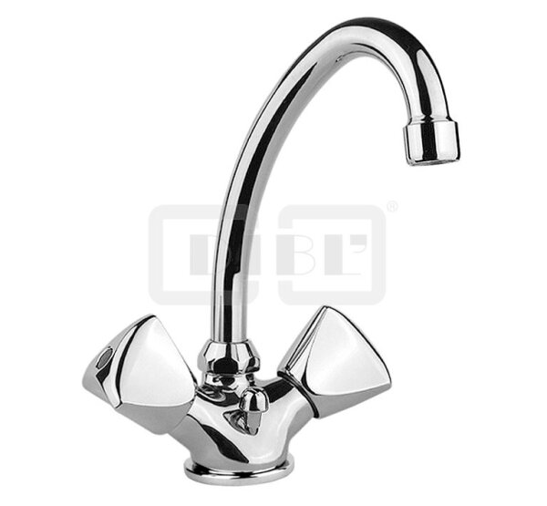 DIBLclassic Zweigriff-Waschtischbatterie mit hohem, schwenkbarem Rohrauslauf, mit Zugstangenbohrung und Ablaufgarnitur 1¼"