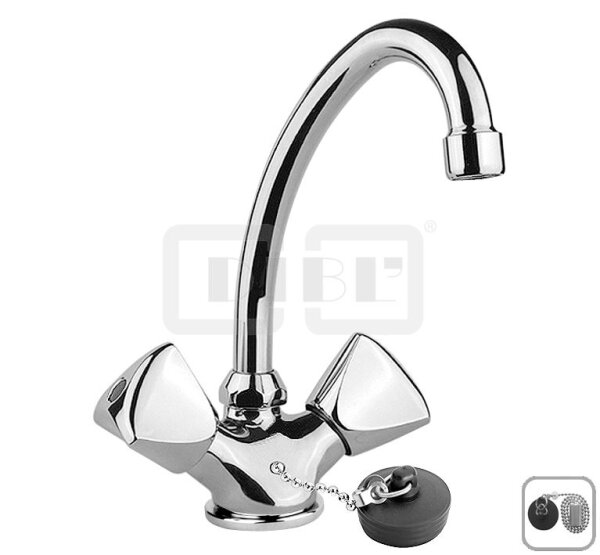 DIBLclassic Zweigriff-Waschtischbatterie mit hohem, schwenkbarem Rohrauslauf, mit Zugstangenbohrung, versenkbarer Kugelkette