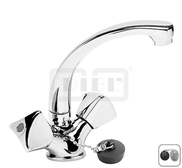 DIBLclassic Zweigriff-Waschtischbatterie mit hohem, schwenkbarem Gussauslauf, mit Zugstangenbohrung, Kugelkette