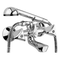 DIBLclassic Zweigriff-Wannenbatterie zur Aufputzmontage, mit Handbrause, Messing-Gabelhaken und Brauseschlauch 1500 mm