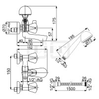 DIBLclassic Zweigriff-Wannenbatterie zur Aufputzmontage, mit Handbrause, Messing-Gabelhaken und Brauseschlauch 1500 mm