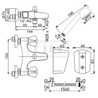 DIBLclassic Zweigriff-Wannenbatterie zur Aufputzmontage, mit Handbrause, Wandbrausehalter und Brauseschlauch 1500 mm