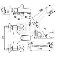 DIBLclassic Zweigriff-Wannenbatterie zur Aufputzmontage, mit Handbrause, Spezial-Brausehalter und Brauseschlauch 1250 mm