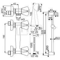 DIBLclassic Zweigriff-Brausebatterie zur Aufputzmontage, mit Brausestange 628 mm