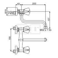 DIBLclassic Zweigriff-Spültisch-Wandbatterie, mit seitlich schwenkbarem Rohrauslauf - Ausladung 200 mm