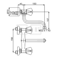 DIBLclassic Zweigriff-Spültisch-Wandbatterie, mit seitlich schwenkbarem Rohrauslauf - Ausladung 150 mm