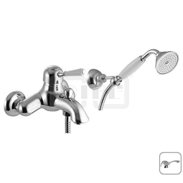 DIBLporcelain Einhebel-Wannenbatterie zur Aufputzmontage, mit Handbrause, Wandbrausehalter, mit Messingguss-Griffhebel mit Griffstück in Porzellan-Optik