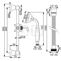 DIBLfit Messing-Brausegarnitur mit rundem Brauserohr Ø 18 mm x 905 mm, mit Nostalgie-Messing-Handbrause mit Griffstück in Porzellan-Optik