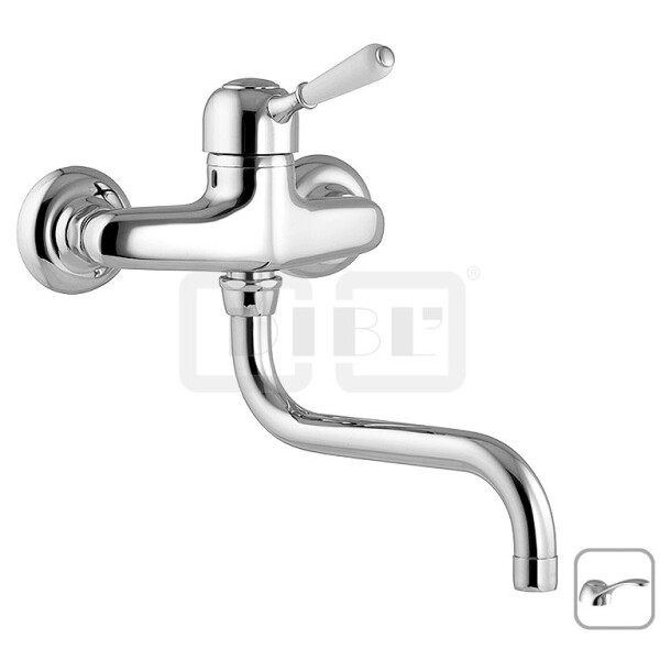 DIBLporcelain Einhebel-Spültisch-Wandbatterie, mit seitlich schwenkbarem Profilauslauf - Ausladung 180 mm, mit Messingguss-Griffhebel mit Griffstück in Porzellan-Optik