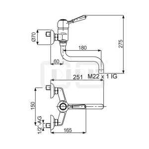 DIBLporcelain Einhebel-Spültisch-Wandbatterie, mit seitlich schwenkbarem Profilauslauf - Ausladung 180 mm, mit Messingguss-Griffhebel mit Griffstück in Porzellan-Optik
