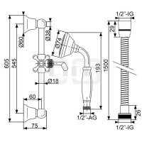 DIBLfit Messing-Brausegarnitur mit rundem Brauserohr Ø 18 mm x 605 mm, mit Nostalgie-Messing-Einstrahl-Handbrause mit Griffstück in Porzellan-Optik