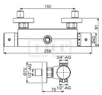DIBLtherm eco Thermostat-Brausebatterie zur Aufputzmontage, mit integriertem Mehr-Wege-Umschaltventil für zwei Abgangsanschlüsse
