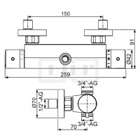 DIBLtherm eco Thermostat-Brausebatterie zur Aufputzmontage, Brauseabgang unten ¾" und Brauseabgang oben ¾"