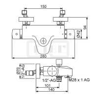 DIBLtherm eco Thermostat-Wannenbatterie zur Aufputzmontage, Brauseabgang unten ½" Außengewinde