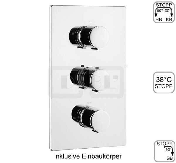 DIBLtherm eco Thermostat-Batterie ½" zur Unterputzmontage, mit Mehr-Wege-Umschaltventil für zwei Abgangsanschlüsse und Regulierung für dritten Abgangsanschluss