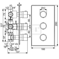 DIBLtherm eco Thermostat-Batterie ½" zur Unterputzmontage, mit Mehr-Wege-Umschaltventil für zwei Abgangsanschlüsse und Regulierung für dritten Abgangsanschluss