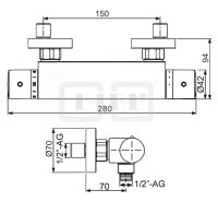 DIBLtherm eco Thermostat-Brausebatterie zur Aufputzmontage, Brauseabgang unten ½" Außengewinde, speziell geeignet bei vertauschtem Kaltwasser- und Warmwasseranschluss