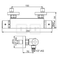 DIBLtherm eco Thermostat-Brausebatterie zur Aufputzmontage, Brauseabgang unten ½" Außengewinde, speziell geeignet bei vertauschtem Kaltwasser- und Warmwasseranschluss