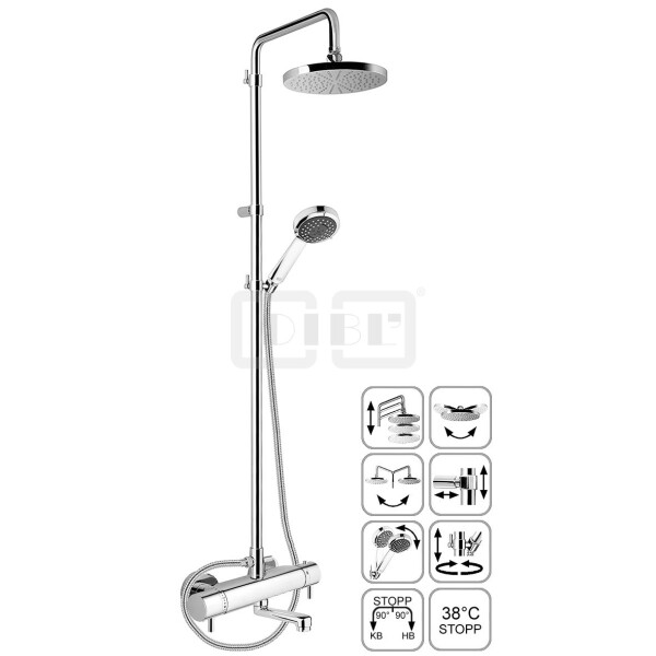 DIBLtherm eco Thermostat-Wannenbatterie zur Aufputzmontage, mit runder Messing-Antikalk-Regenkopfbrause Ø 205 mm x 15 mm,