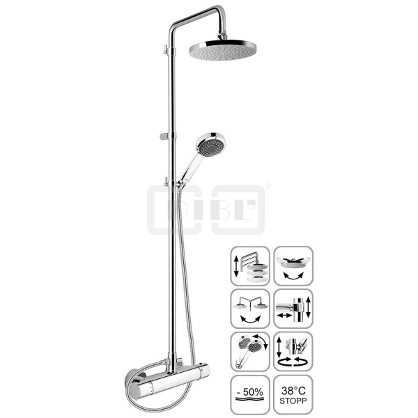 DIBLtherm eco Thermostat-Brausebatterie zur Aufputzmontage, mit runder Messing-Antikalk-Regenkopfbrause Ø 205 mm x 15 mm