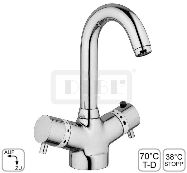 DIBLmed Thermostat-Waschtischbatterie mit hohem, schwenkbarem Profilauslauf, mit Ablaufgarnitur 1¼", mit Vorrichtung zur manuellen, thermischen Desinfektion