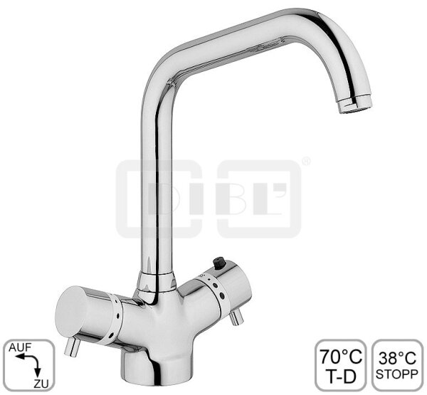 DIBLmed Thermostat-Spültischbatterie mit hohem, schwenkbarem Profilauslauf, mit Vorrichtung zur manuellen, thermischen Desinfektion