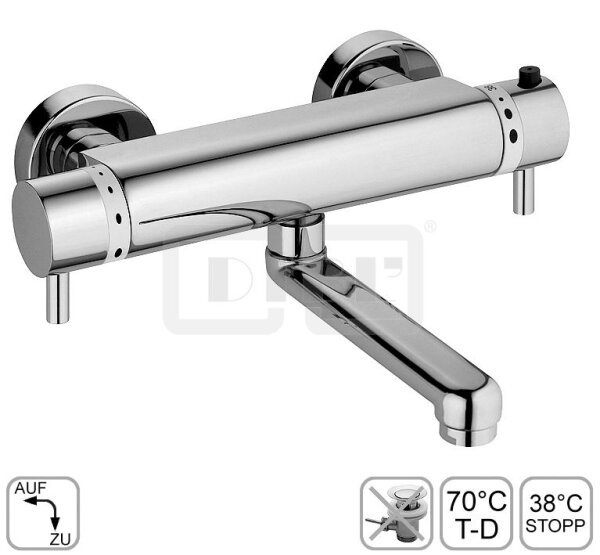 DIBLmed Thermostat-Waschtisch-Wandbatterie, mit seitlich, schwenkbarem Profilauslauf - Ausladung 150 mm, mit Vorrichtung zur manuellen, thermischen Desinfektion