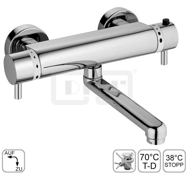 DIBLmed Thermostat-Waschtisch-Wandbatterie, mit seitlich, schwenkbarem Profilauslauf - Ausladung 200 mm, mit Vorrichtung zur manuellen, thermischen Desinfektion
