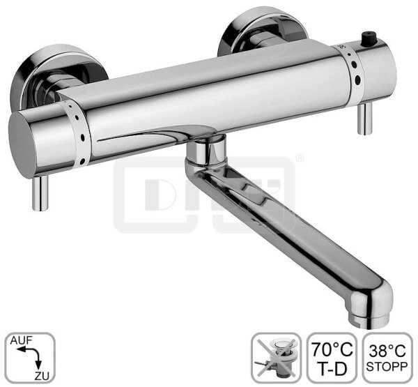 DIBLmed Thermostat-Waschtisch-Wandbatterie, mit seitlich, schwenkbarem Profilauslauf - Ausladung 250 mm, mit Vorrichtung zur manuellen, thermischen Desinfektion