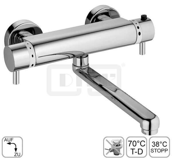 DIBLmed Thermostat-Waschtisch-Wandbatterie, mit seitlich, schwenkbarem Profilauslauf - Ausladung 300 mm, mit Vorrichtung zur manuellen, thermischen Desinfektion