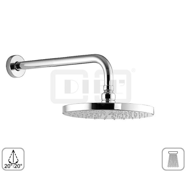 DIBLfit Runde Messing-Antikalk-Regenkopfbrause Ø 205 mm x 15 mm, mit massivem 90°-Messing-Wandanschlussarm Ø 24 mm