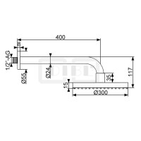 DIBLfit Runde Messing-Antikalk-Regenkopfbrause Ø 300 mm x 15 mm, mit massivem 90°-Messing-Wandanschlussarm Ø 24 mm