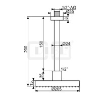 DIBLfit Runde Messing-Antikalk-Regenkopfbrause Ø 205 mm x 15 mm, mit massivem Messing-Deckenanschlussarm Ø 24 mm