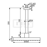 DIBLfit Runde Messing-Antikalk-Regenkopfbrause Ø 300 mm x 15 mm, mit massivem Messing-Deckenanschlussarm Ø 24 mm