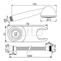 DIBLfit Brauseset seitlich schwenkbarer Kunststoff-Brausehalter mit starrer Handbrauseaufnahme und Brauseschlauch 1250 mm