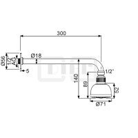 DIBLfit Kunststoff-Einstrahl-Antikalk-Kopfbrause Ø 71 mm x 52 mm, mit 90°-Messing-Wandanschlussarm, Länge 300 mm