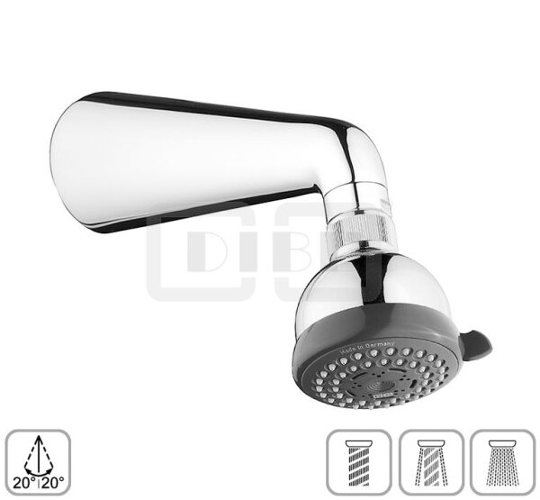 DIBLfit Kunststoff-Dreistrahl-Antikalk-Kopfbrause Ø 75 mm x 63 mm, mit Messing-Wandanschlussarm Ø 60 mm x 165 mm