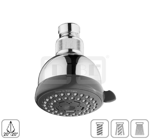 DIBLfit Kunststoff-Dreistrahl-Antikalk-Kopfbrause Ø 75 mm x 63 mm, mit Kugelgelenk zur stufenlosen, horziontalen und vertikalen Verstellung