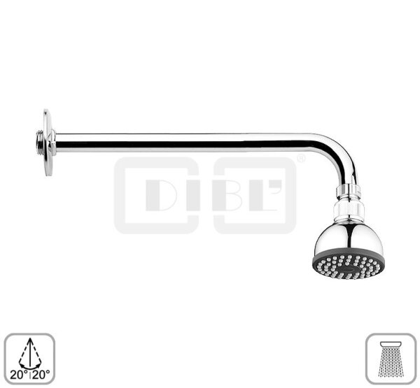 DIBLfit Kunststoff-Einstrahl-Antikalk-Kopfbrause Ø 71 mm x 52 mm, mit 90°-Messing-Wandanschlussarm, Länge 200 mm