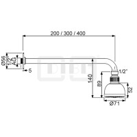 DIBLfit Kunststoff-Einstrahl-Antikalk-Kopfbrause Ø 71 mm x 52 mm, mit 90°-Messing-Wandanschlussarm, Länge 200 mm