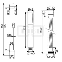 DIBLfit Messing-Brausegarnitur 755 mm, mit runder Messing-Stabhandbrause