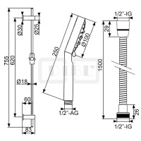 DIBLfit Messing-Brausegarnitur 755 mm, mit Fünfstrahl-Handbrause