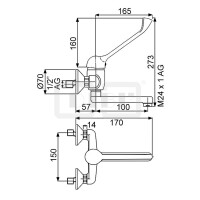 DIBLmed Einhebel-Waschtisch-Wandbatterie, mit Spezial-Griffhebel, mit seitlich, schwenkbarem Profilauslauf - Ausladung 100 mm