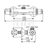 DIBLmed Selbstschluss-Thermostat-Brausebatterie zur Aufputzmontage, Brauseabgang oben ¾" AG