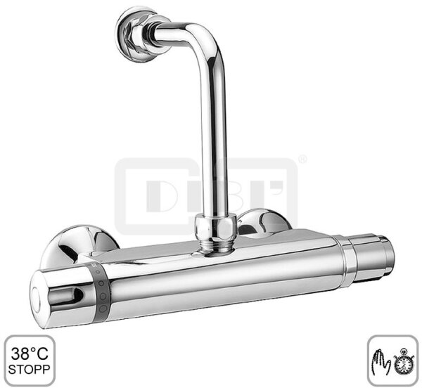 DIBLmed Selbstschluss-Thermostat-Brausebatterie zur Aufputzmontage, Brauseabgang oben ¾" AG, mit Wandabgangsbogen