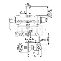 DIBLmed Selbstschluss-Thermostat-Brausebatterie zur Aufputzmontage, Brauseabgang oben ¾" AG, mit Wandabgangsbogen