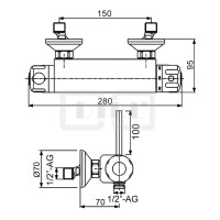 DIBLmed Thermostat-Brausebatterie zur Aufputzmontage, mit Spezial-Griffhebel, Brauseabgang unten ½" Außengewinde