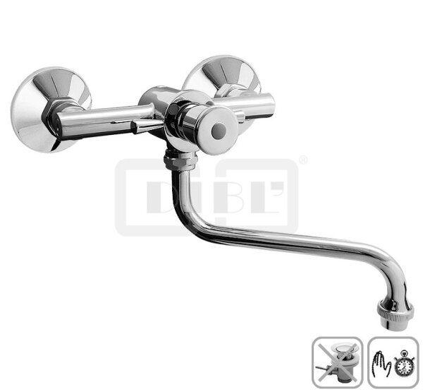 DIBLmed Selbstschluss-Wandbatterie mit seitlich, schwenkbarem Rohrauslauf, mit Temperatureinstellung für Kaltwasser oder Warmwasser, mit variabler Laufzeiteinstellung